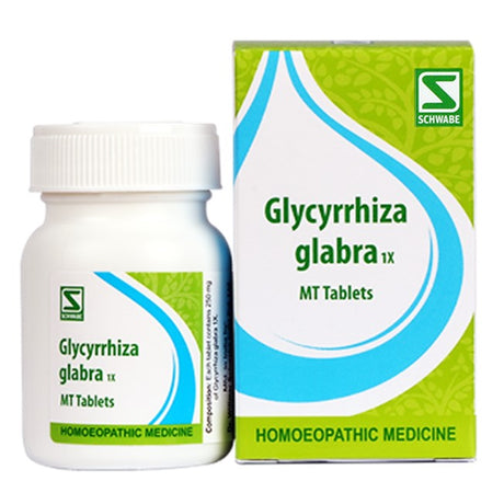 Glycyrrhiza glabra 1x homoeopathic medicine packaging including bottle and box on a white background