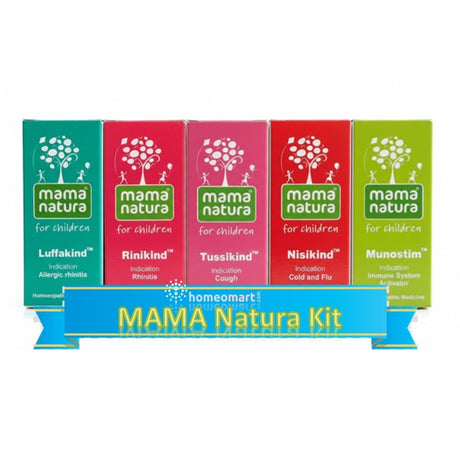Mama Natura children's health kit with various boxes on a white background