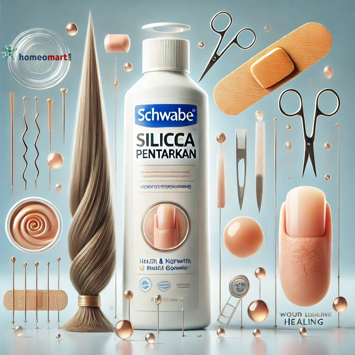 Schwabe Silicea Pentarkan bottle surrounded by elements representing healthy hair and nails, and wound healing, set against a bright, clean background evoking health and well-being