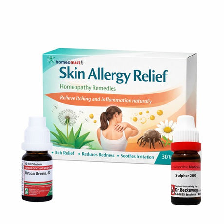 Homeopathy remedies for skin allergy relief with packaging and bottles on a white background