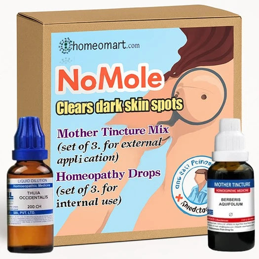 NoMole homeopathy product set with bottles and packaging on a white background