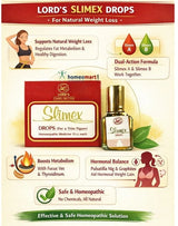 Advertisement for Lord's Slimex Drops for natural weight loss with product packaging and benefits listed.