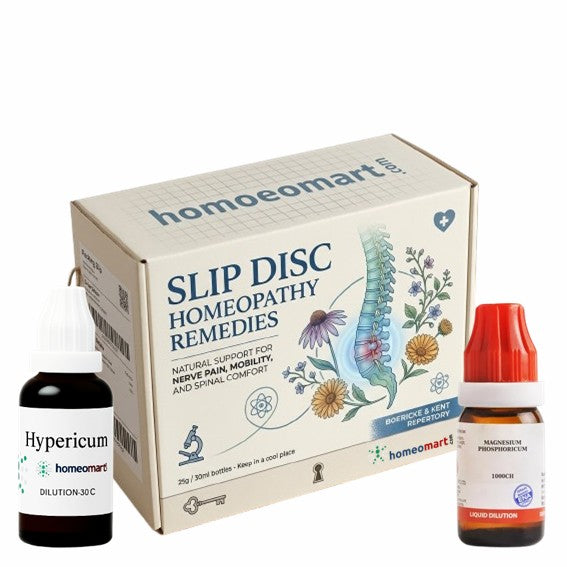 Homeopathy remedy package with bottles and box on a white background for slip disc conditions
