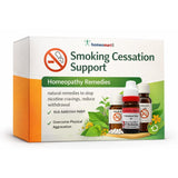 Homeopathy remedies for smoking cessation support with packaging on a white background