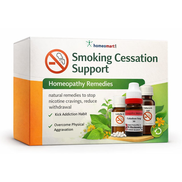 Homeopathy remedies for smoking cessation support with packaging on a white background