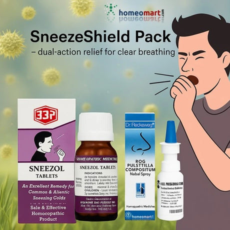 SneezeShield Pack with SNEEZOL and other homeopathic remedies on a green background with cartoon man sneezing.