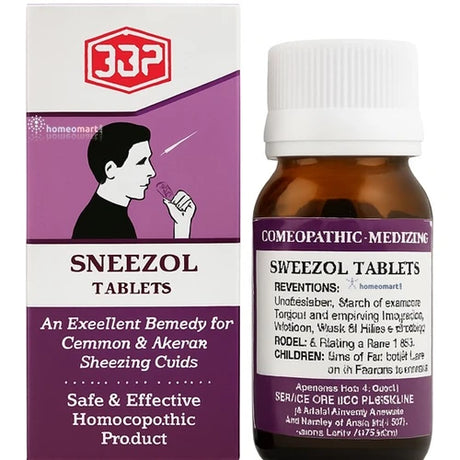 SNEEZOL tablets packaging with a bottle on a white background