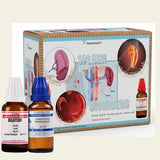 Homeopathic medicine kit for spleen disorders with bottles and packaging on a light beige background
