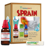 Homeopathy remedy set for sprain with bottles and packaging on a white background