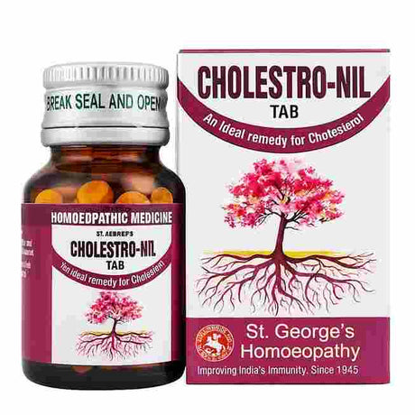Bottle and packaging of St. George's Homeopathy Cholestro-Nil Tab on a white background