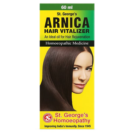 St. George's Arnica Hair Vitalizer packaging with a woman's face on a yellow background