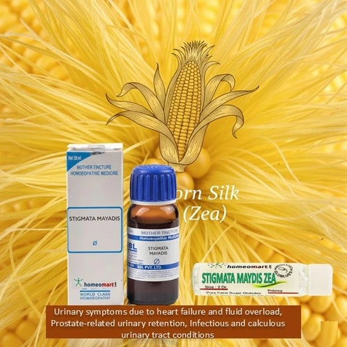 Bottle and packaging of Stigmata Mayadis with corn silk illustration on a yellow background