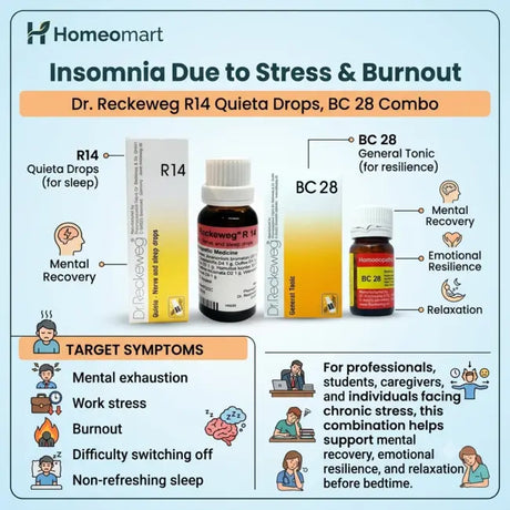 Dr. Reckeweg R14 Quieta Stress Insomnia Relief Combo with BC28 Tablets for burnout insomnia, work stress sleep disorder, mental fatigue sleeplessness, and non-refreshing sleep.