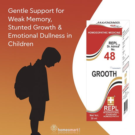 GROOOTH homeopathic medicine box with silhouette of a child on an orange background indicating Stunted Growth & Emotional Dullness in Children