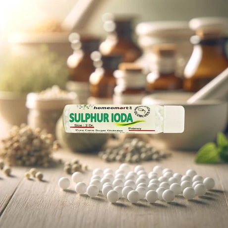 Sulphur Iod homeopathic globules with Homeomart branding on a wooden surface in a pharmacy setting