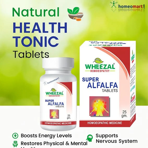 Wheezel Super Alfalfa Tablets packaging with bottle and box on a green background with health tonic benefits