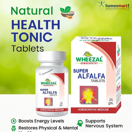 Wheezel Super Alfalfa Tablets packaging with bottle and box on a green background with health tonic benefits