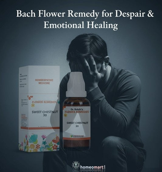 Bach Flower Remedy for Despair & Emotional Healing with a person sitting and holding their head.