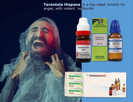 Tarentula Hispana homeopathic remedy packaging and a person with a distressed anger expression.