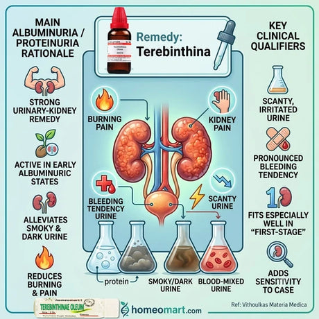 Terebinthinae Oleum homeopathy medicine, burning pain in the urethra, inflammatory conditions of the kidneys, smoky or bloody urine, bleeding mucous surfaces and gastrointestinal health.