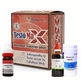 Homeopathy testosterone booster products including a box labeled 'Testo Ma X' and various bottles on a white background.