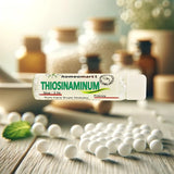 Homeomart Thiosinaminum product with globules on a wooden surface