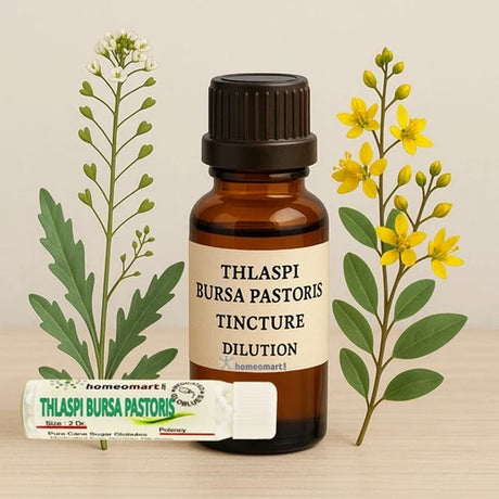 Bottle of Thlaspi Bursa Pastoris tincture dilution with botanical illustrations on a beige background