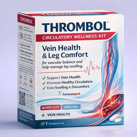 Thrombol Circulatory Wellness Kit for DVT , blood clots packaging on a light purple background