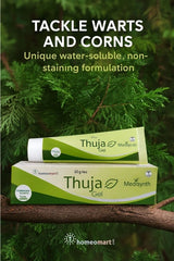 Thuja Gel packaging with green Thuja Occidentalis foliage in the background