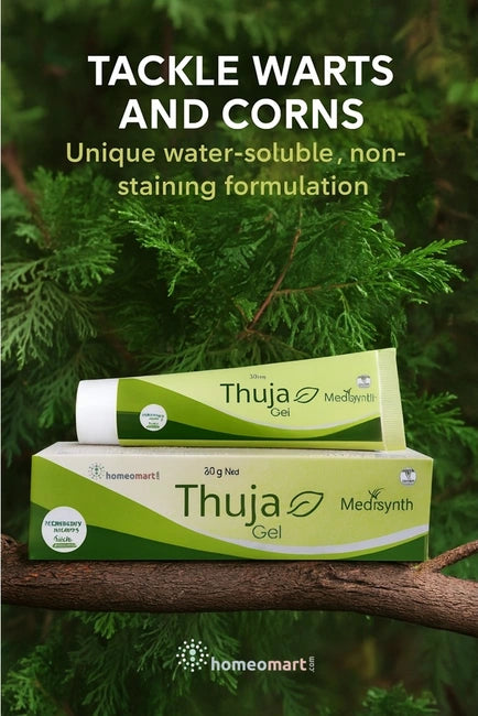 Thuja Gel packaging with green Thuja Occidentalis foliage in the background