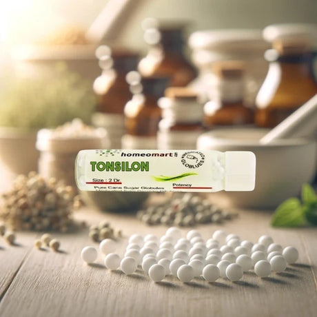 Tonsilon homeopathy product with ingredients on a wooden surface