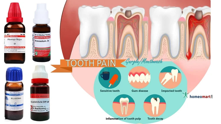 Homeopathic remedies for tooth pain with dental illustrations and symptoms.