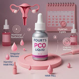 Bottle of 'FOURT'S PCO LIQUID' with menstrual health icons and text on a pink background