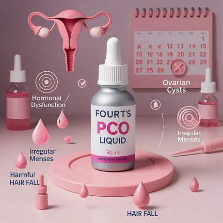 Bottle of 'FOURT'S PCO LIQUID' with menstrual health icons and text on a pink background