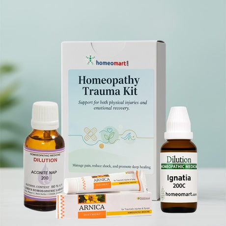 Homeopathy Trauma Kit with bottles and packaging on a light background