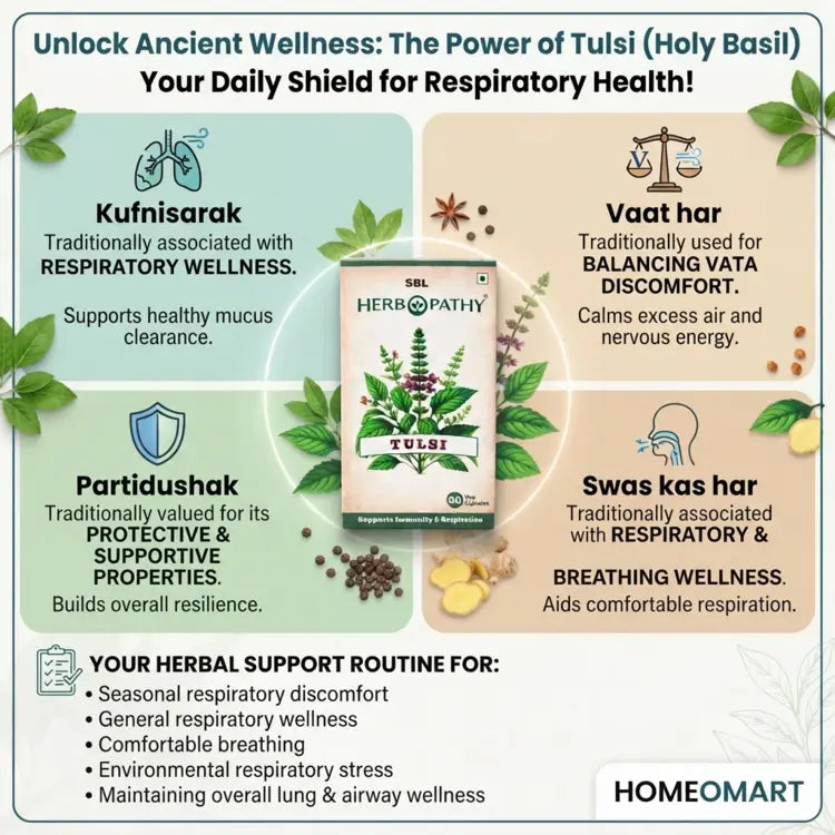 Tulsi, Tulsi Capsules, Tulsi 500mg, Holy Basil, Ocimum sanctum, Tulsi extract, Ayurvedic supplement, herbal supplement, immunity support, respiratory wellness, breathing wellness, stress management, mental calmness, daily wellness, vitality, Ayurvedic herbs, herbal capsules, vegetarian capsules, SBL Herbopathy, Kufnisarak, Vaat har, Swas kas har, Partidushak