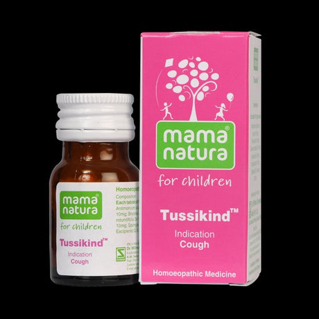 Mama Natura Tussikind homeopathic medicine bottle and packaging on a black background