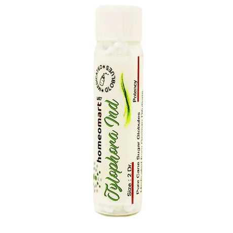 Homeopathic globule bottle with green text on a white background