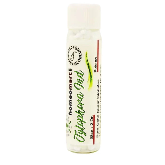 Homeopathic globule bottle with green text on a white background