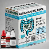Box of Gut Mucosal Balance Homeopathy Medicines with bottles on a gray background