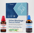 Homeopathic remedies for urine blockage with packaging and bottles on a white background