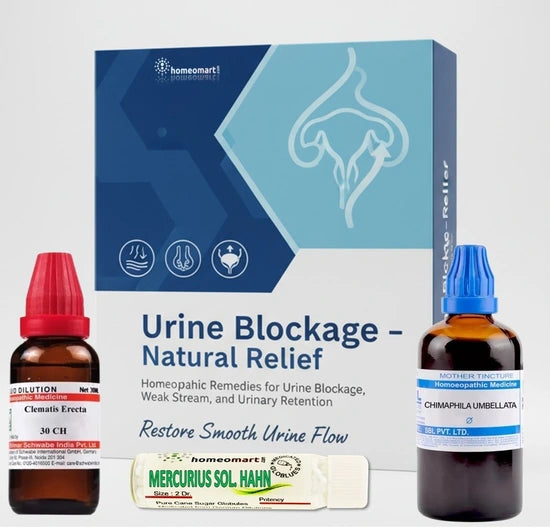 Homeopathic remedies for urine blockage with packaging and bottles on a white background