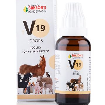 Bakson V19 Colic Drops, Bakson's V19 Veterinary Drops, Bakson Veterinary Colic Drops, veterinary colic drops, homeopathic colic drops for animals, veterinary constipation drops, homeopathic constipation drops for animals, animal digestive support, veterinary digestive drops, Bakson V19 30ml, Bakson veterinary medicine, colic drops for pets