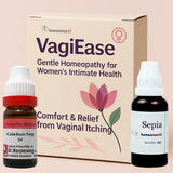 VagiEase homeopathic product for vaginal itching relief packaging with two bottles on a beige background