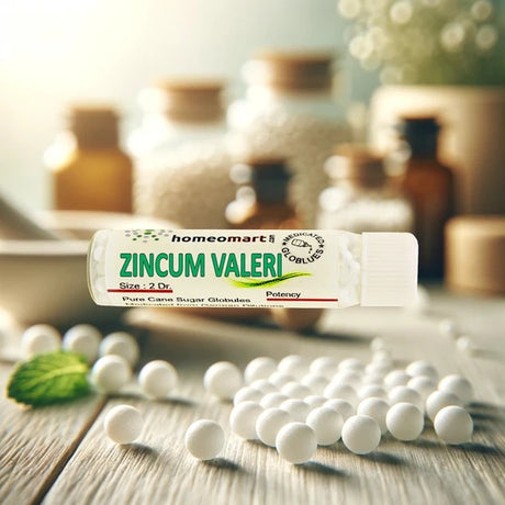 Zincum Valeri homeopathic globules with bottles in the background on a wooden surface.
