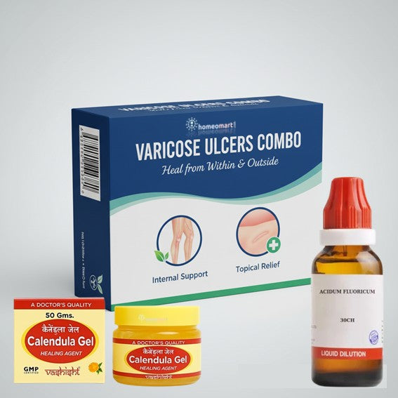 Varicose ulcers combo with Calendula Gel and other homeopathic remedies on a white background