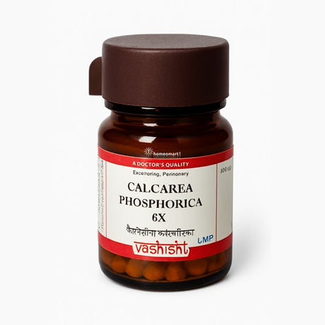 Bottle of Biochemic Calcarea Phosphorica 6X by Vashisht on a white background