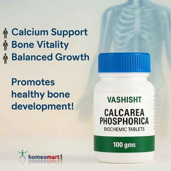 Supports strong bones, healthy teeth & teething relief. Vashisht Calcarea Phos in 30g & 100g sizes. Ideal for all ages with calcium deficiency or slow growth.