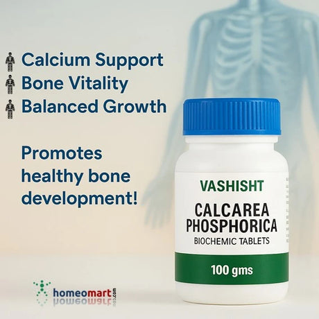 Supports strong bones, healthy teeth & teething relief. Vashisht Calcarea Phos in 30g & 100g sizes. Ideal for all ages with calcium deficiency or slow growth.