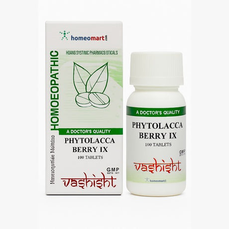 Homeopathic medicine packaging for Phytolacca Berry IX with 'Vashishth' branding on a white background.